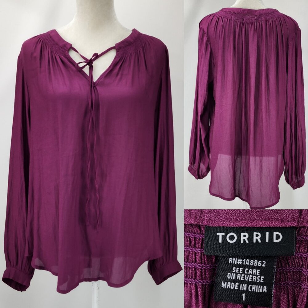 Torrid Womens 1 US Plus 1X Purple Semi Sheer Peasant Tunic Blouse Tie V-neck Top
